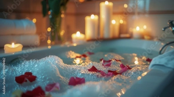 Fototapeta Detailed image of a bubble bath with candles and flower petals, luxurious bathroom, ambient lighting