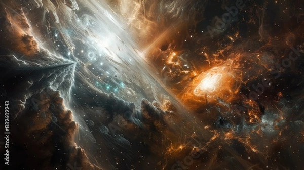 Obraz A cosmic clash between titanic entities of light and shadow amidst swirling cosmic dust and stellar remnants.