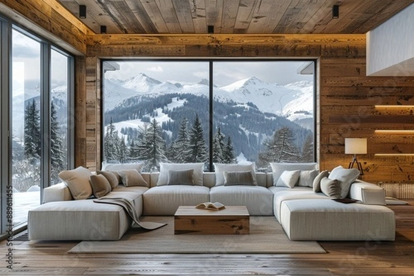 Fototapeta sofa in room with wooden lining paneling wall and ceiling. Minimalist home interior design of modern living room in chalet, panoramic window with great winter snow mountain landscape view,GenerativeAI