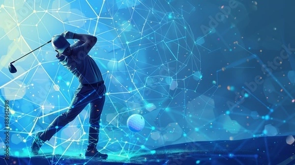 Fototapeta An abstract and visually captivating digital art piece showing a golfer in mid-swing, crafted with intricate blue lines and geometric patterns highlighting the sport's energy.
