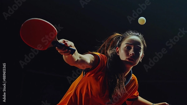 Fototapeta A female table tennis player in action, reaching to hit the ball with a red paddle in a dimly lit environment