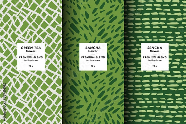 Fototapeta Vector illustration set of templates contemporary abstract cover and patterns for matcha tea packaging with labels. Minimal modern backgrounds