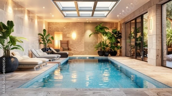 Obraz A tranquil indoor pool room with a lap pool, modern tiling, lounge chairs, and lush potted plants, illuminated by large skylights.