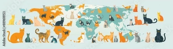 Obraz Fun facts about cats from around the world, realistic, bright colors, vector illustration, background of a world map with cat icons