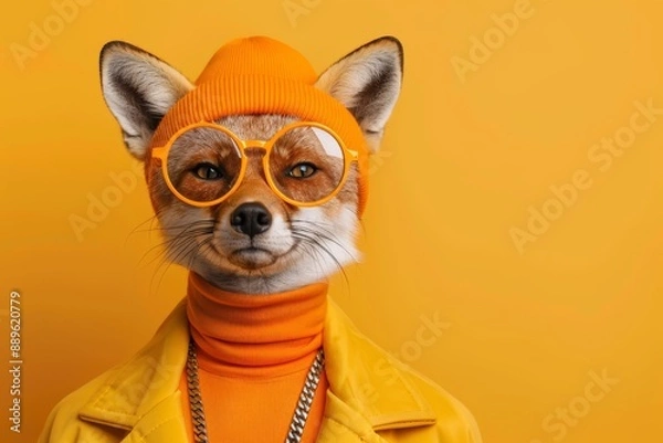 Fototapeta Portrait of a stylish fox wearing bright orange glasses, beanie, and jacket against matching orange background, blending fashion with whimsy.