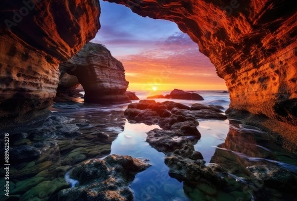 Fototapeta Sunset through a coastal cave.