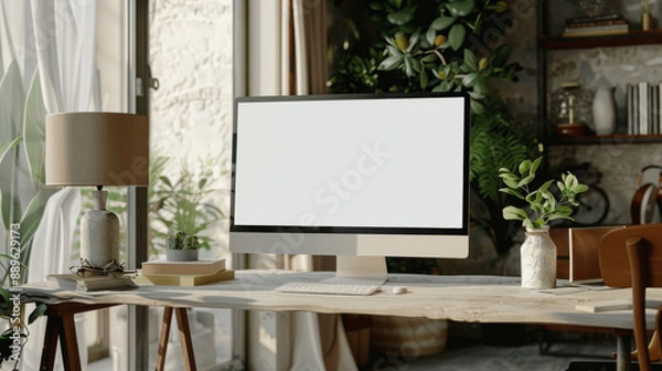 Obraz A computer monitor sits on a desk in a room with a window and a potted plant