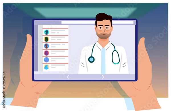 Fototapeta Vector illustration of a male doctor displayed on a digital tablet screen, representing telemedicine and modern healthcare access.

