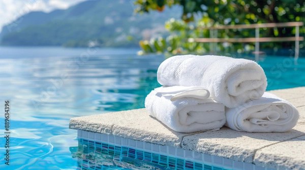 Fototapeta Close up of white towels next to a swimming pool with blue water and sea view, vacation concept