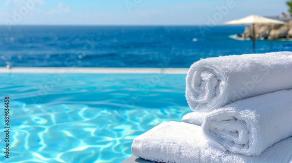 Fototapeta Close up of white towels next to a swimming pool with blue water and sea view, vacation concept