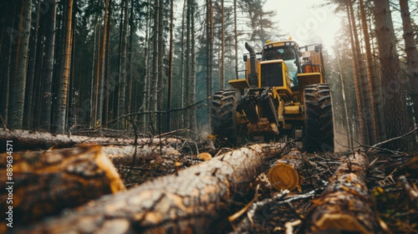 Fototapeta A large yellow tractor is driving through a forest, cutting down trees