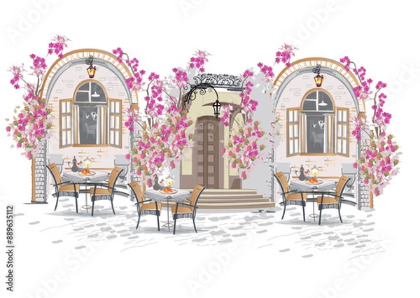 Obraz Series of backgrounds decorated with flowers, old town views and street cafes. Cafe window.   Hand drawn vector architectural background with historic buildings. 