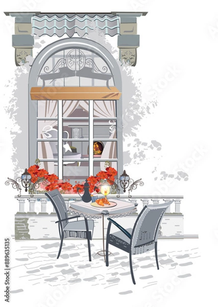 Obraz Series of backgrounds decorated with flowers, old town views and street cafes. Cafe window.   Hand drawn vector architectural background with historic buildings. 