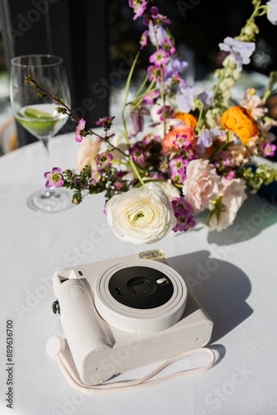 Fototapeta white polaroid camera and bouquet of flowers on white tablecloth covered table at summer wedding reception