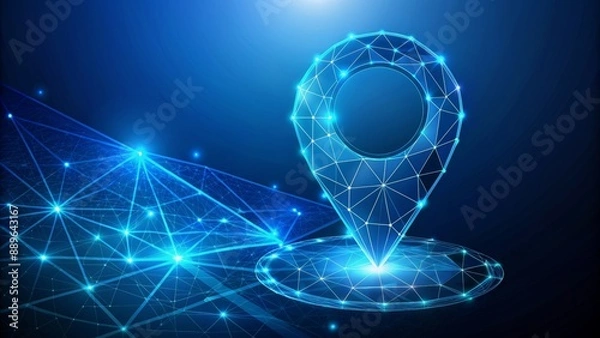 Obraz Futuristic abstract navigation concept on blue background featuring polygon wireframe GPS pin and map pointer, route navigator in low poly style.