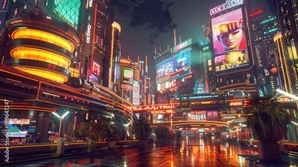 Fototapeta A futuristic cityscape at night, illuminated by neon lights and holographic advertisements.