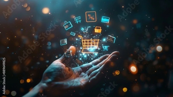 Obraz Glowing ECommerce Revolution Futuristic Shopping Cart in Hand with Digital Icons on Dark Background