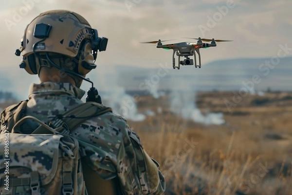 Fototapeta Military soldier controls drone for reconnaissance opera