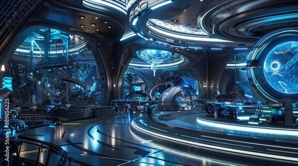 Obraz A futuristic theme park with advanced rides and holographic entertainment.