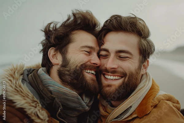 Fototapeta Joyful gay couple on a beach outing. Capturing genuine happiness sharing an affectionate moment. Ideal for promoting love, relationships, well-being, and travel in marketing materials