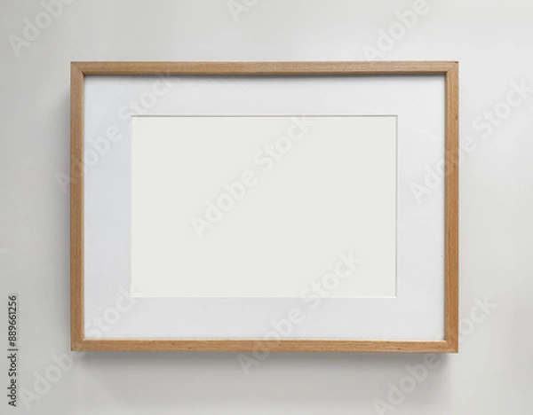 Obraz Wooden photo frame A4 size with White Photo Mat, horizontal artwork on a white wall, front view
