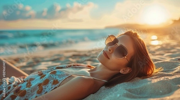Obraz A Woman in a Bikini Sunbathing on the Beach, Enjoying a Bright Sunny Day on Vacation