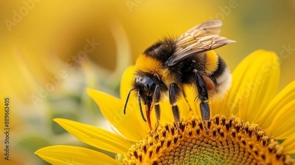 Fototapeta  A tight shot of a bee atop a sunflower against a softly blurred sunflower backdrop