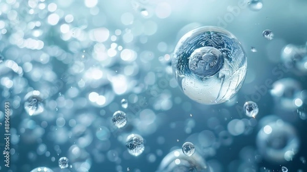 Fototapeta  A collection of bubbles hovering above a water surface, adorned with numerous water droplets at their bases