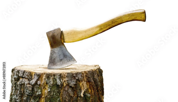 Fototapeta Old sharp axe with a wooden handle, in tree stump at the edge of the woods, transparent backdrop.