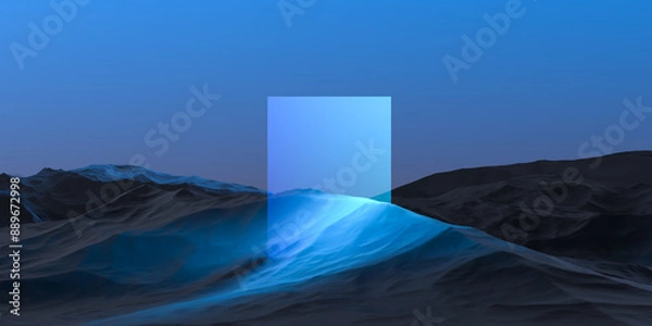 Fototapeta Fantastic mountain night landscape with glowing neon panel. Blue mountains and luminous element,abstract futuristic,wallpaper.3D render