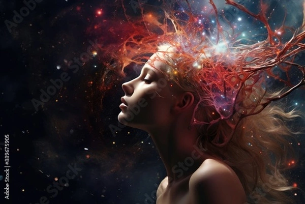Fototapeta Back view portrait of a girl gazing in wonder at a cosmic scene filled with vibrant celestial bodies and swirling galaxies glowing stars, planets, and nebulae background.