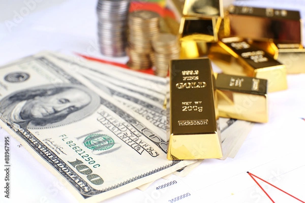 Obraz Gold bullion with money on table close up
