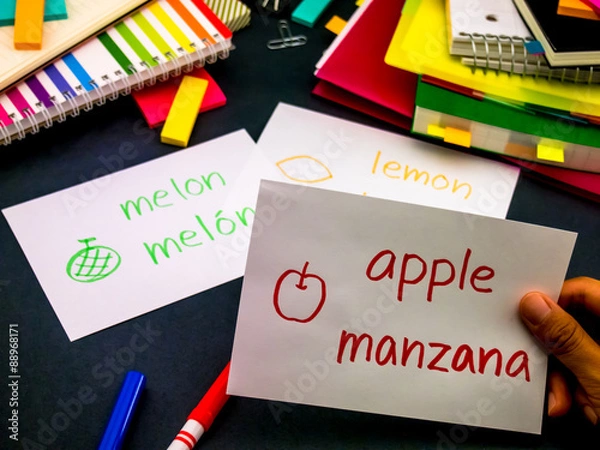 Fototapeta Learning New Language Making Original Flash Cards; Spanish