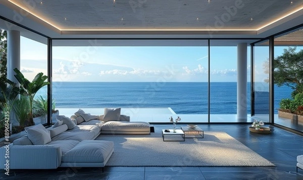 Fototapeta Luxury villa with terrace and floor to ceiling panoramic window with amazing sea view. Interior design of modern living room. Generative AI