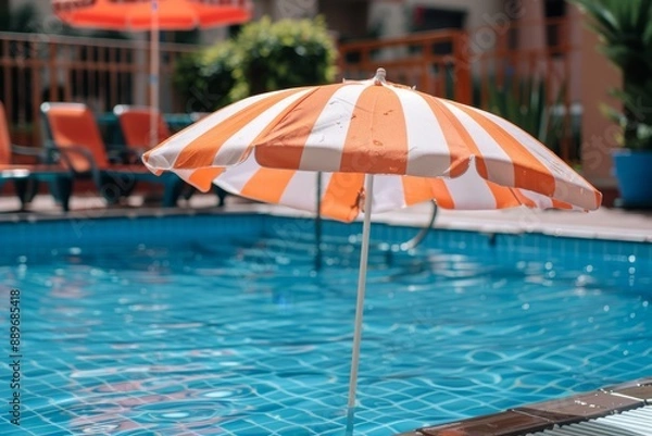 Fototapeta Close up of a stylish orange and white umbrella by a pool capturing a vibrant summer day
