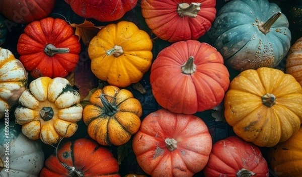 Fototapeta Colorful pumpkins background. Autumn harvest concept. Top view. Autumn thanksgiving background, Generative AI