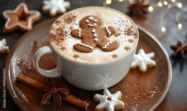 Fototapeta Cup of latte coffee with gingerbread shape art on foam, top view, Generative AI