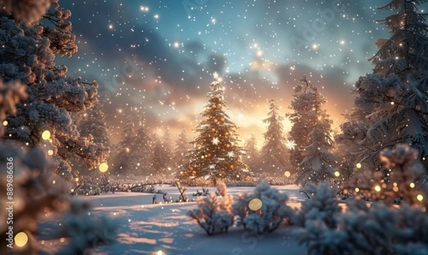 Fototapeta Fantastic winter landscape with christmas tree. 3D rendering. Christmas background with christmas tree, snow and stars. Beautiful christmas night, Generative AI