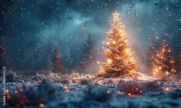 Obraz Fantastic winter landscape with christmas tree. 3D rendering. Christmas background with christmas tree, snow and stars. Beautiful christmas night, Generative AI