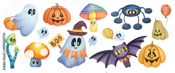 Fototapeta watercolor cute ghosts, pumpkins, mushroom, spider and bat illustrations set. funny halloween emoticons characters collection. clip art and cut our elements isolated on transparent background