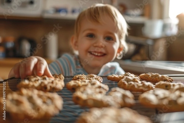 Fototapeta A joyful child reaching for freshly baked cookies on a cooling rack in a cozy kitchen setting, reflecting happiness and home baking.