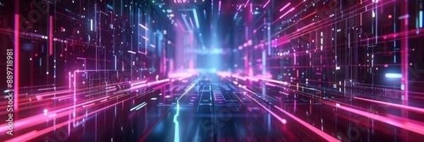 Fototapeta A wide-angle photograph of a futuristic digital background with neon lines representing data transfer and connectivity, creating a sense of motion and speed