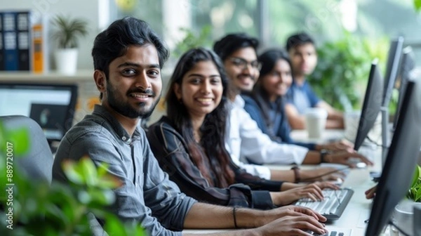 Obraz Team of South Asian Specialists Working on Desktop Computers at a Modern Workplace. Indian Software Developers, Managers, Environmental, Social and Governance Specialists Working in, Generative AI