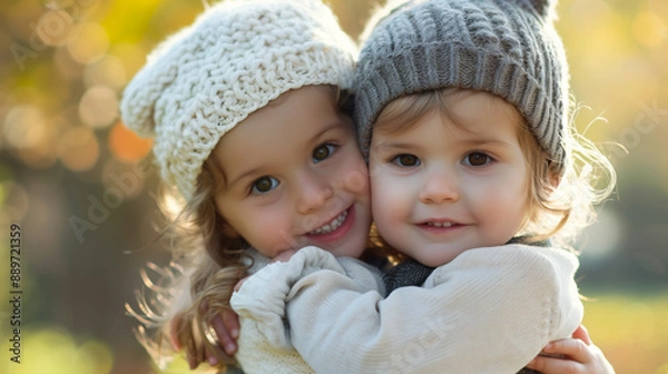 Fototapeta siblings hugging each other, background image for siblings day, brother and sister wallpaper