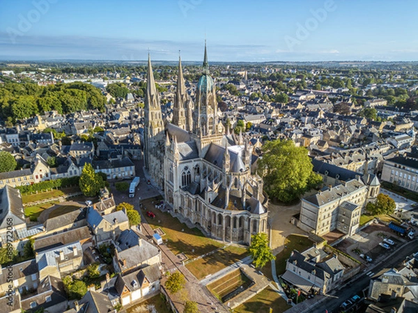 Fototapeta The drone aerial view of Bayeux Cathedral, also known as Cathedral of Our Lady of Bayeux is a Roman Catholic church located in the town of Bayeux in Normandy, France.