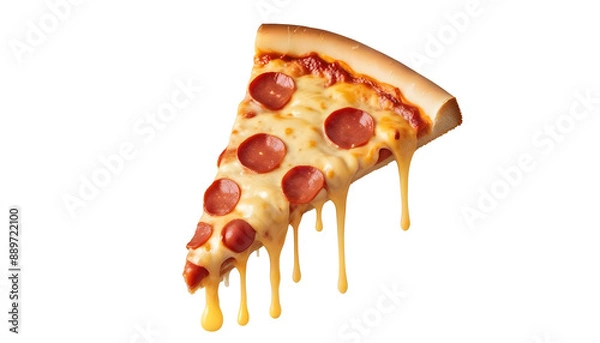 Fototapeta A slice of pepperoni pizza with melted cheese dripping down. The crust is golden brown, and the pepperoni slices are evenly distributed on top. The background is plain white, emphasizing the pizza sli