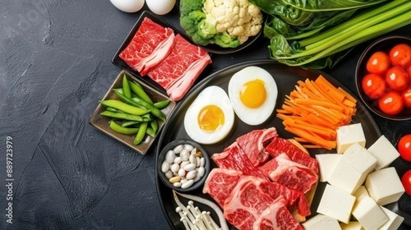 Fototapeta A close-up of sukiyaki ingredients - beef, tofu, vegetables, and raw eggs - on a black concrete table