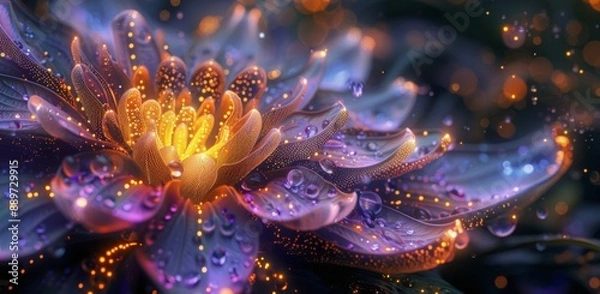 Fototapeta Close-Up of a Purple Lotus Flower Covered in Dew Drops and Glowing With Light