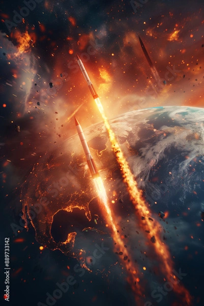 Fototapeta A Symphony of Fire: Nuclear Missiles Ascend Towards a Doomed Earth