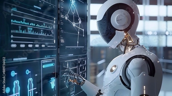 Obraz A Humanoid Robot Interacting With Data On A Large Screen